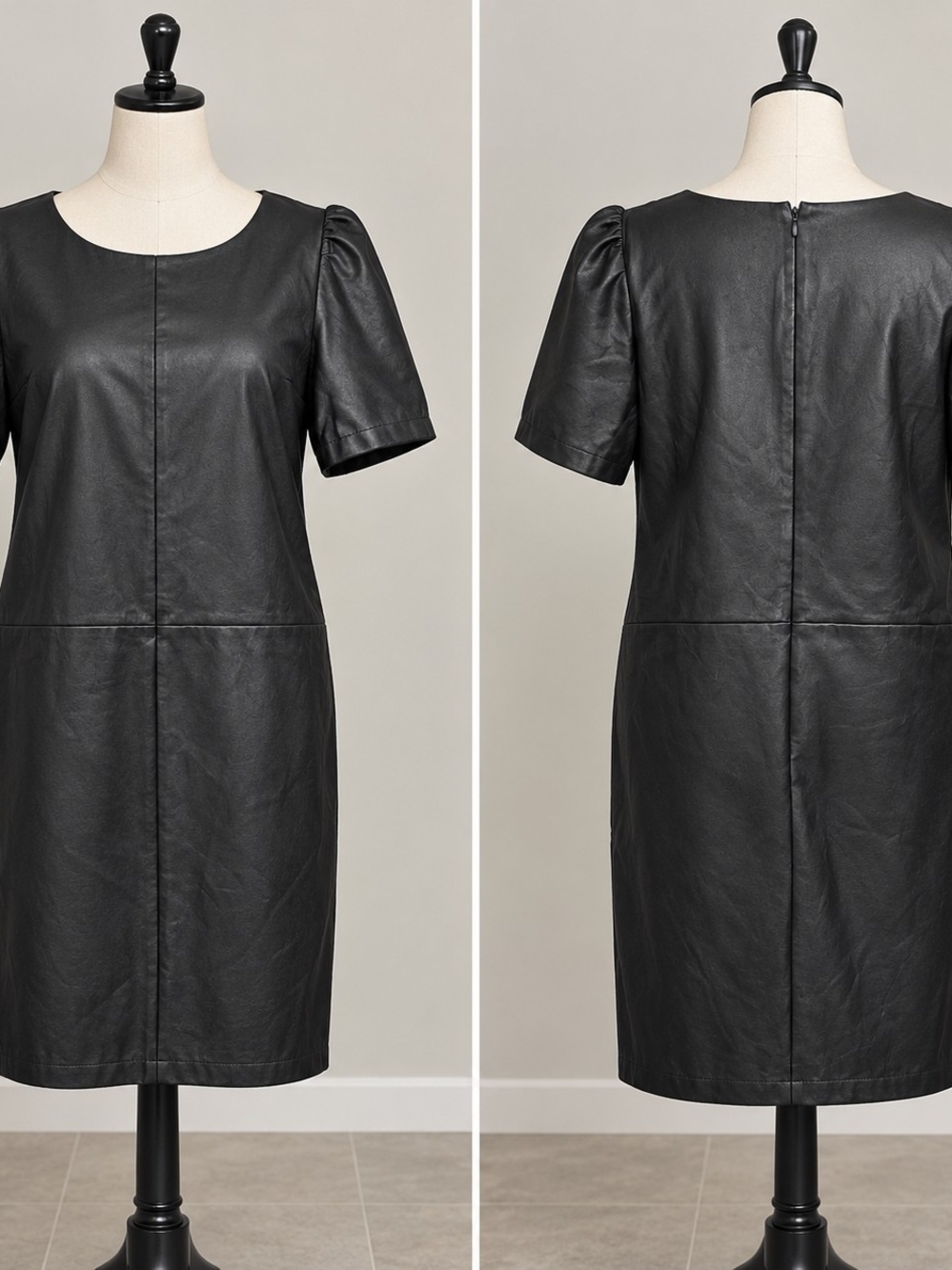 Reitmans Black Faux Leather Shift Dress with Puff Short Sleeves